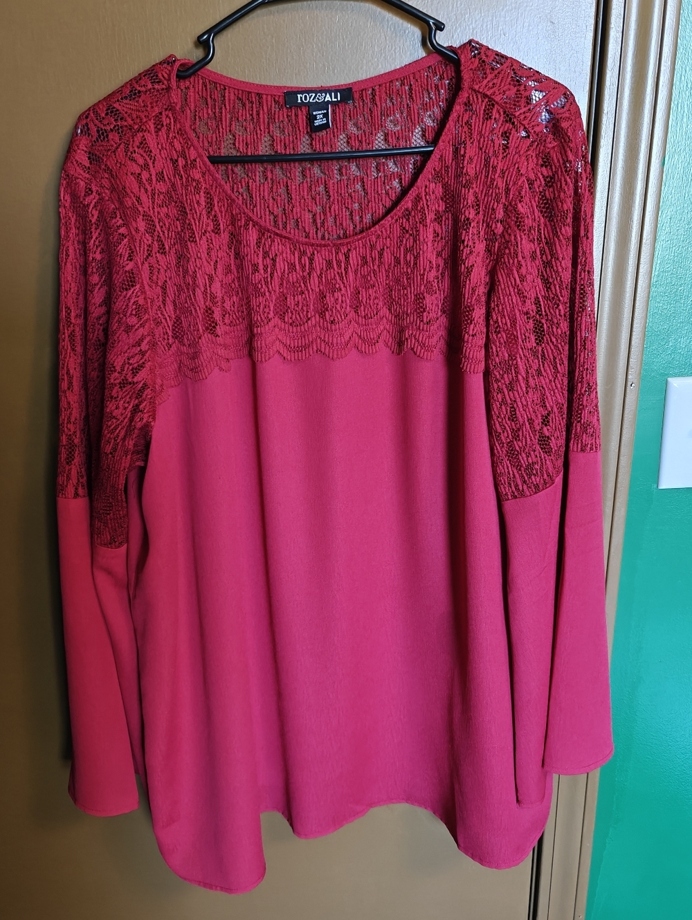 ROZ & ALI Women's Blouse Long Sleeve Red Color Round Neck Lace Polyester - 2X